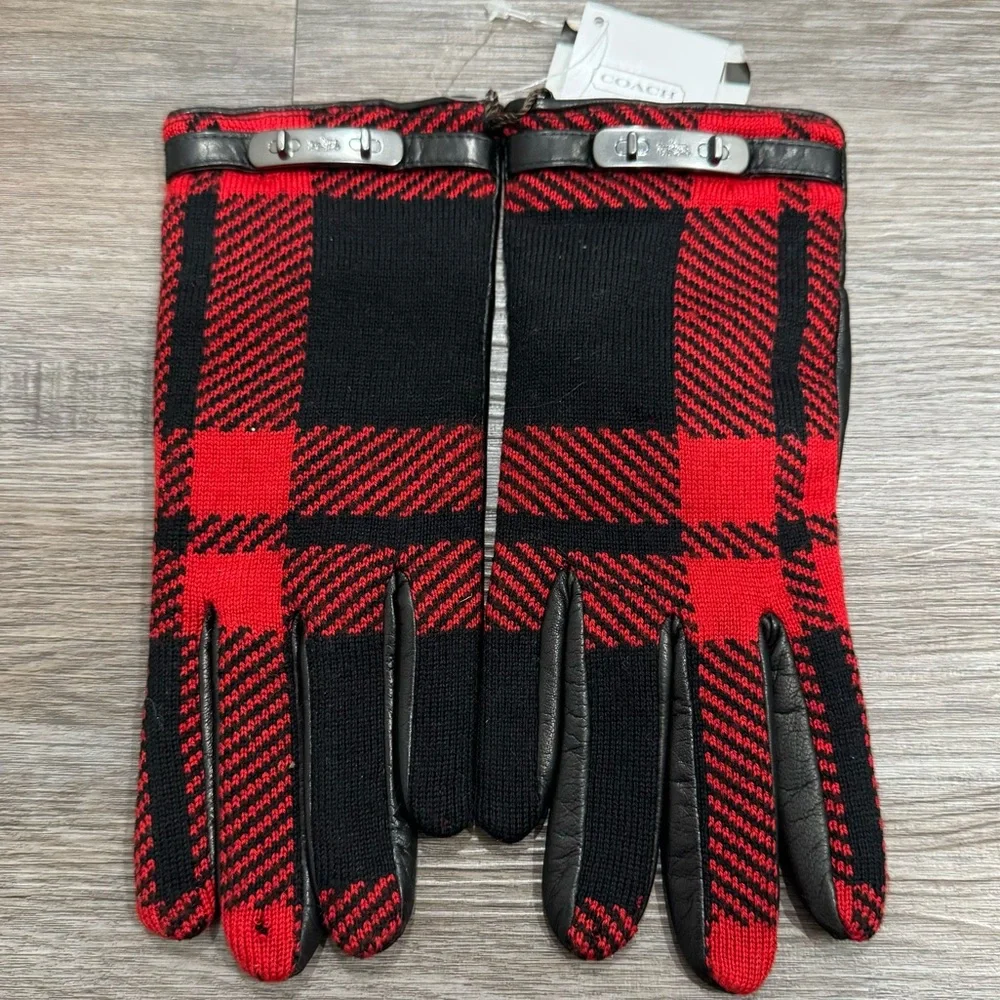 Coach Plaid Red Black Leather Gloves